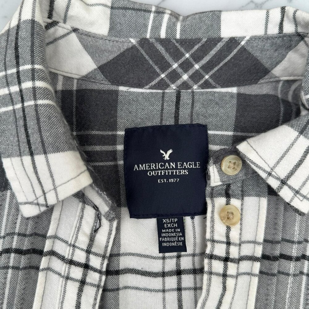 American Eagle Plaid Pleated Babydoll Tunic Shirt  XS Gray White Flannel 3233
